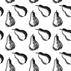 Vector pear background. Pears seamless pattern with hand drawn pencil fruit illustration for vegan banner design, juice, baby food packaging, jam label design. Vector fruits backdrop. Black and white.