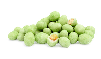 Pile of wasabi coated peanuts on white background