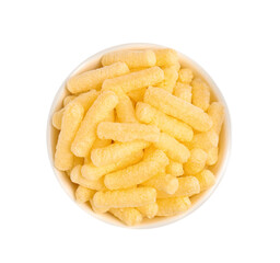 Bowl of sweet corn sticks isolated on white, top view
