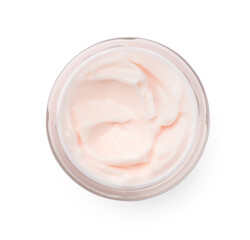 Jar of face cream isolated on white, top view