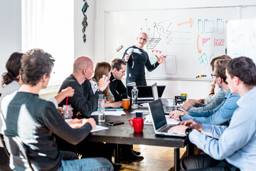 Relaxed informal IT business startup company team meeting.