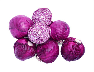 Fototapeta premium Whole and cut red cabbages on white background, top view