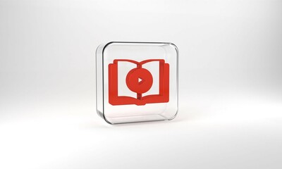 Red Audio book icon isolated on grey background. Play button and book. Audio guide sign. Online learning concept. Glass square button. 3d illustration 3D render