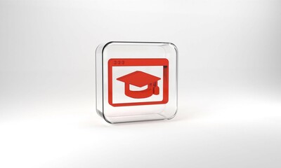 Red Online education and graduation icon isolated on grey background. Online teacher on monitor. Webinar and video seminar learning. Glass square button. 3d illustration 3D render