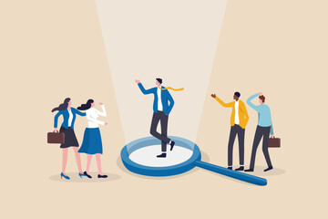 Chosen candidate, winning applicant to get new job, HR or human resources, hire outstanding candidate, employment and recruitment concept, outstanding businessman on magnifying glass among applicants.