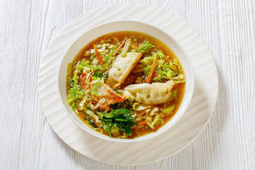 Asian Gyoza Soup in white bowl, top view