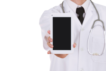 close-up doctor showing tablet computer blank screen