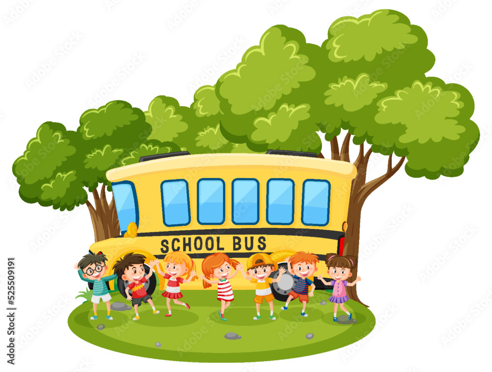 Poster Children outdoor scene with school bus isolated