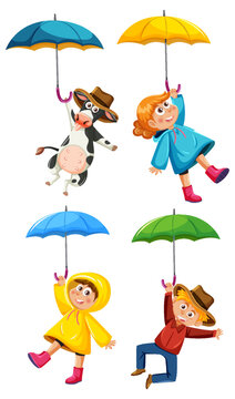 Kids in raincoat and holding umbrella