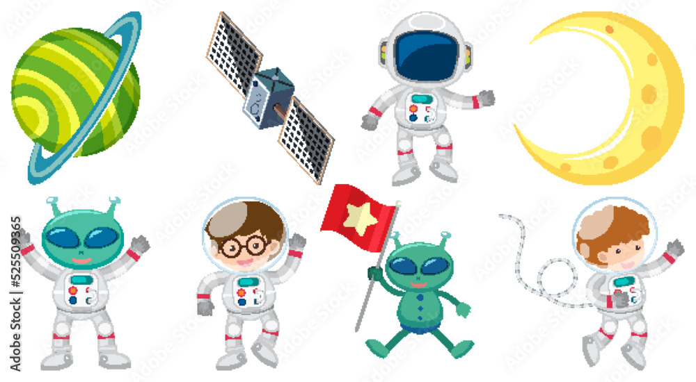 Wall mural set of space cartoon characters and objects