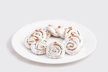 Indian Mithai Kaju Jalebi Also Known As Kaju Katli, Kaju Dilkhush Is Spiral Shaped Sweet Made Of Cashew Nut Powder, Kajoo, Mawa, Mava, Malai, Khoya, Doodh, Badam, Khoa, Badaam, Pista In Sugar Syrup