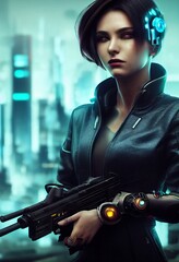 Fototapeta na wymiar cyborg woman, futuristic soldier in a cyberpunk suit in a futuristic city, 3d illustration