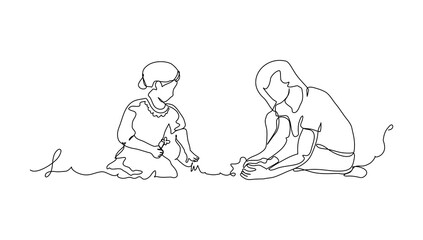 One continuous line of a young man helps his mother plant in the garden. Vector illustration of minimalist style on a white background.