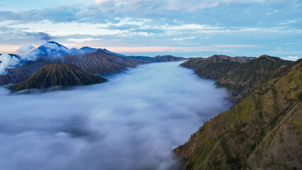 Aerial view of the Mount Bromo, is an active volcano and part of the Tengger massif, in East Java, Indonesia. East Java, Indonesia, August 24, 2022