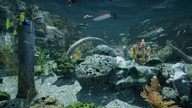 Drohne untere Wasser schwebt durch versunkene Ruine - 3D-Animation