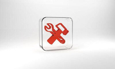 Obraz premium Red Crossed hammer and wrench spanner icon isolated on grey background. Hardware tools. Glass square button. 3d illustration 3D render