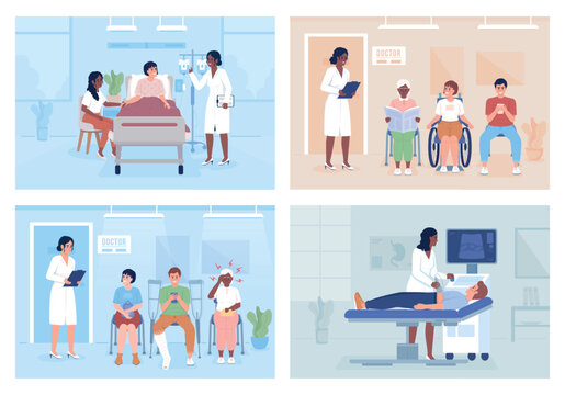 Doctor and patients in hospital flat color vector illustrations set. Healthcare services. Fully editable 2D simple cartoon characters with interior on background collection. Bebas Neue font used