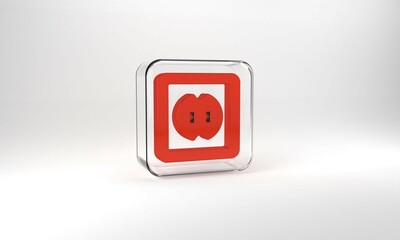 Red Electrical outlet icon isolated on grey background. Power socket. Rosette symbol. Glass square button. 3d illustration 3D render