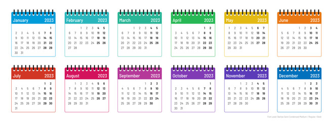 Calendar template 2023, Months, week starts on Monday, color outline