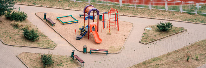 Panoramic large empty playground in city yard top view. Urban area for childrens sport and game...