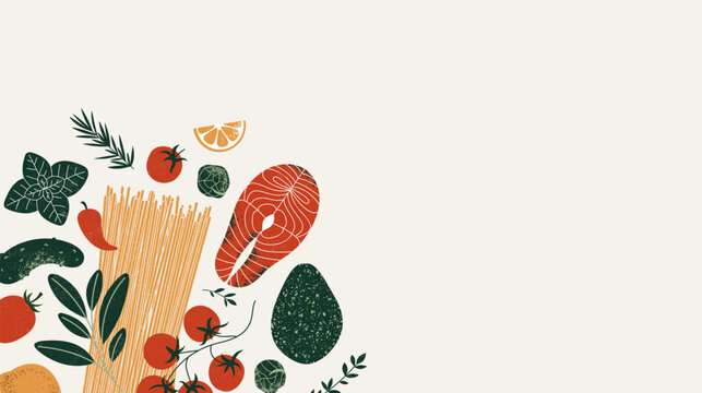 Healthy food background. Salmon with spaghetti and avocado. Food ingredients. 