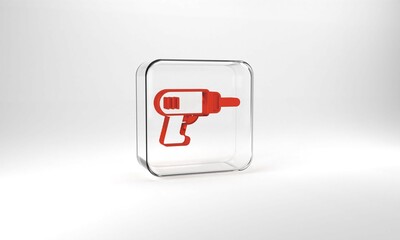 Red Electric drill machine icon isolated on grey background. Repair tool. Glass square button. 3d illustration 3D render