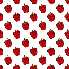 A simple doodle illustration of bright juicy sweet pepper. Sweet Bulgarian pepper. Seamless pattern.