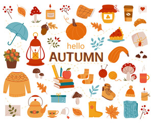Hello Autumn. Set with pumpkin, fruit, cute wellies boots, books and autumn leaves. Collection of elements for autumn coziness. Vector illustration
