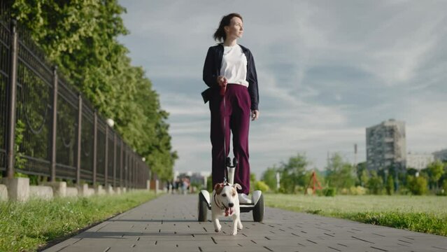 A young woman rides a hoverboard and walks her dog. Cheerful Jack Russell, runs along the sidewalk in the park