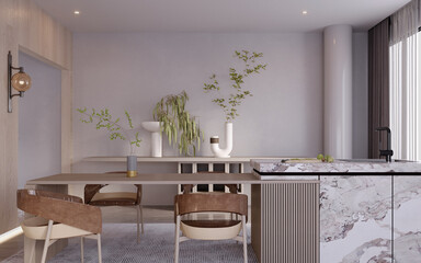 3d rendering,3d illustration, Interior Scene and  Mockup,food corner interior render,wooden table with chairs.