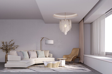 3d rendering,3d illustration, Interior Scene and  Mockup,living room ceiling decoration,modern style and curved sofa.