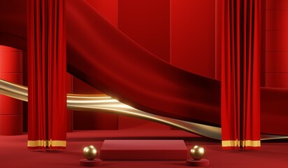 3D rendering of blank product background for cream cosmetics Modern red podium background