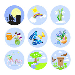 Set of 9 round flat color icons on a blue background on a spring theme