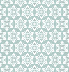 Floral light blue and white ornament. Seamless abstract classic background with flowers. Pattern with white repeating floral elements. Ornament for fabric, wallpaper and packaging