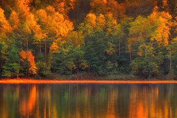 Autumn forest reflecting in a calm water of lake. Beautiful tranquil landscape. Natural wallpaper.