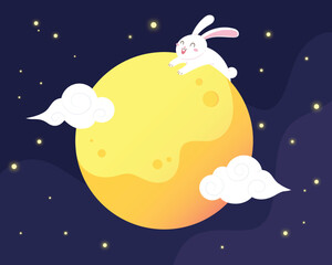 Cute white rabbit on the bright Moon with clouds among stars. Illustration for Mid-Autumn Festival, Moon festival or Rabbit on the moon tale for kids. Flat vector style cartoon character.