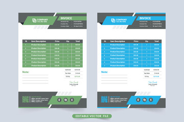 Minimalist business invoice design with abstract shapes. Professional invoice template vector with blue and green colors. Creative invoice bill and cash receipt template vector.