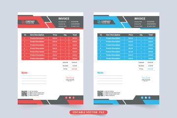 Digital business invoice design with abstract shapes. Creative minimal invoice template with red and blue colors. Print ready payment agreement and billing paper decoration for corporate business.