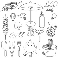Set of outdoor recreation. Sketch. Collection of barbecue vector illustrations. Bonfire, basket, corn, steak. Coloring book for children. Isolated background. Doodle style. Idea for web design.