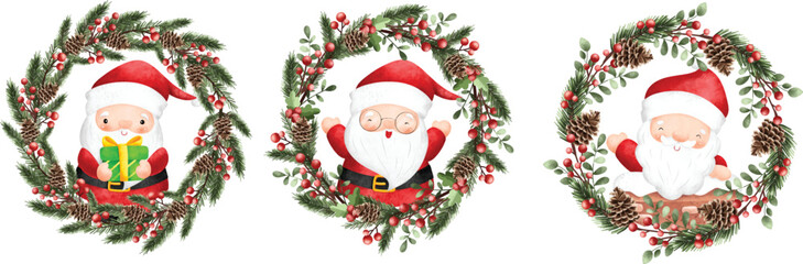 Watercolor Illustration set of Christmas Wreath with Santa Claus
