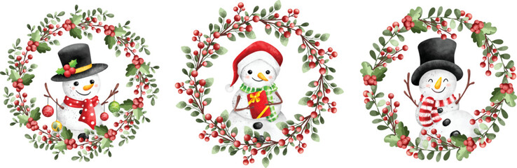 Watercolor Illustration set of Christmas Wreath with snowman