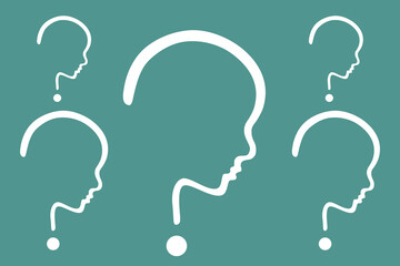 Group of people in the form of  question marks. People looking for answers. Unsolved problems, dilema. Questionnaire illustration.