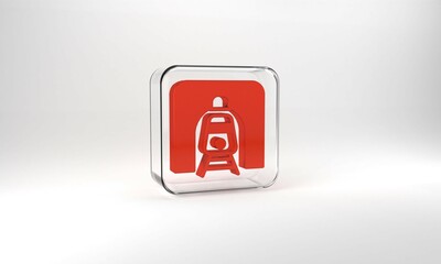 Red Train in railway tunnel icon isolated on grey background. Railroad tunnel. Glass square button. 3d illustration 3D render