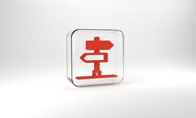 Red Road traffic sign. Signpost icon isolated on grey background. Pointer symbol. Isolated street information sign. Direction sign. Glass square button. 3d illustration 3D render