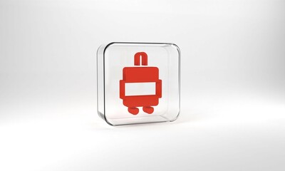 Red Suitcase for travel icon isolated on grey background. Traveling baggage sign. Travel luggage icon. Glass square button. 3d illustration 3D render