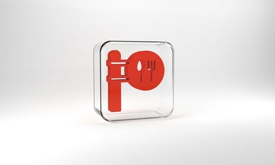 Red Cafe and restaurant location icon isolated on grey background. Fork and spoon eatery sign inside pinpoint. Glass square button. 3d illustration 3D render.