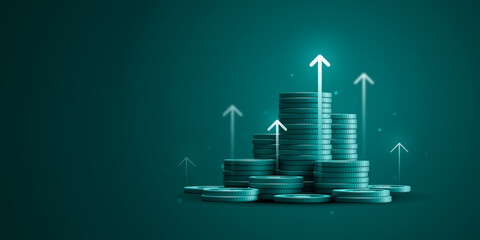 Growth financial business arrow money coin on increase earnings 3d background with economy market investment finance banking profit or success cash stack currency of wealth graph price value strategy.