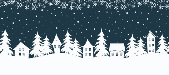 Christmas background. Seamless border. Winter landscape. white houses and fir trees on a dark blue background. Vector illustration