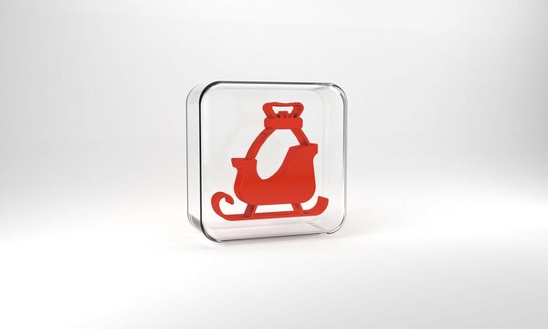 Red Christmas santa claus sleigh with sack bag icon isolated on grey background. Merry Christmas and Happy New Year. Glass square button. 3d illustration 3D render