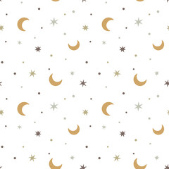 Kids bedroom pattern with pastel moon and stars. Baby boho background. Nursery wall art, baby textile, printable paper. Isolated on white background.